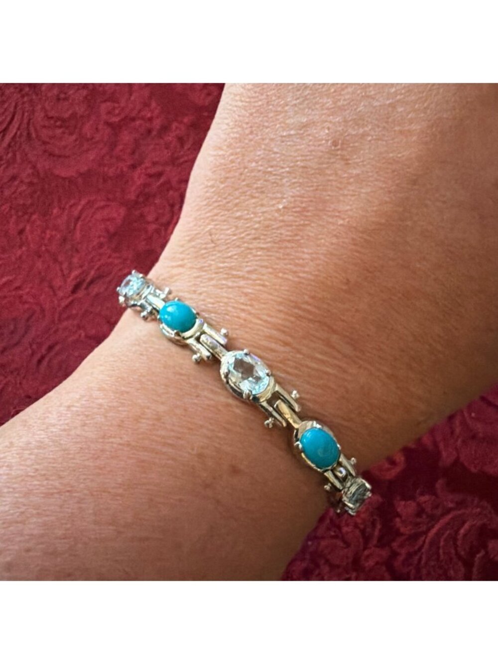 Vintage 925 Sterling Silver Blue Topaz Turquoise Cabochon Tennis Link Bracelet